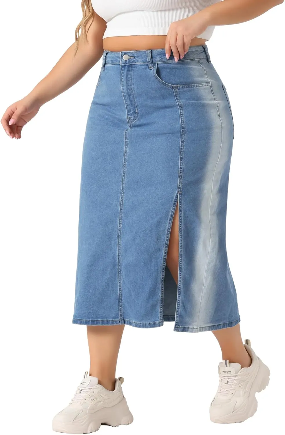 Agnes Orinda Plus Size Denim Skirt for Women High Waist Side Slit Button with Pocket Jean Denim Skirts