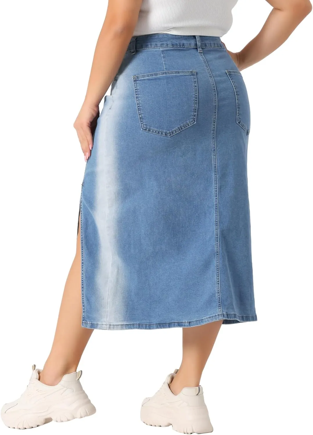 Agnes Orinda Plus Size Denim Skirt for Women High Waist Side Slit Button with Pocket Jean Denim Skirts