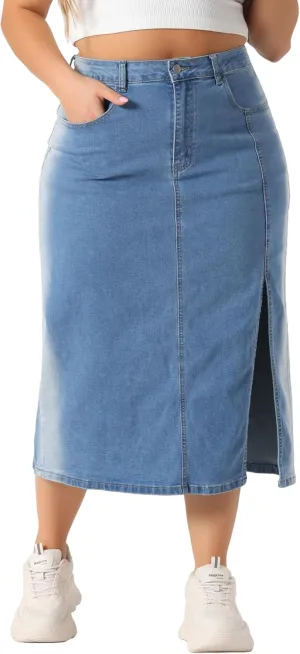 Agnes Orinda Plus Size Denim Skirt for Women High Waist Side Slit Button with Pocket Jean Denim Skirts