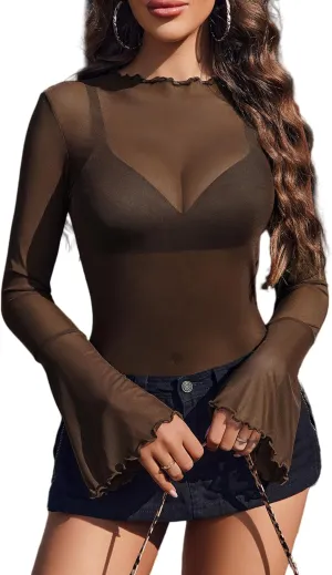 Avidlove Mesh Tops for Women Long Bell Sleeve Blouses Sexy Going Out Shirt Sheer Summer Outfits 2025