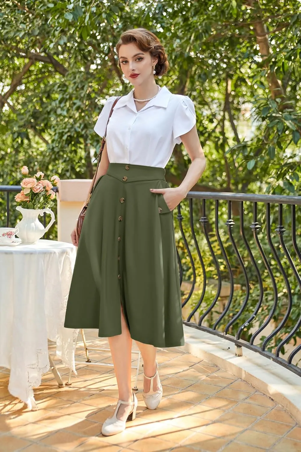 Belle Poque Womens A Line Midi Skirt Vintage Button Down Swing Skirt High Waisted Slit Pleated Skirt with Pockets