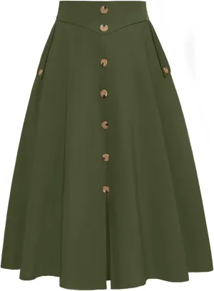 Belle Poque Womens A Line Midi Skirt Vintage Button Down Swing Skirt High Waisted Slit Pleated Skirt with Pockets