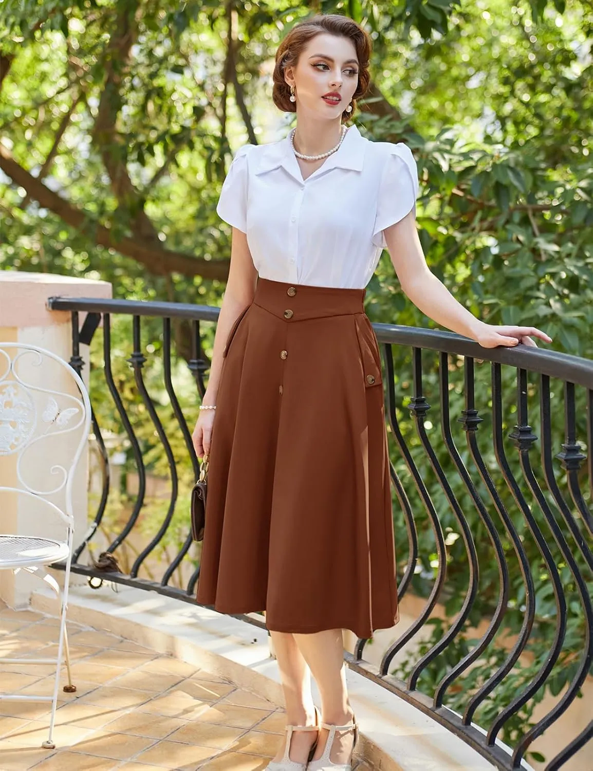Belle Poque Womens A Line Midi Skirt Vintage Button Down Swing Skirt High Waisted Slit Pleated Skirt with Pockets