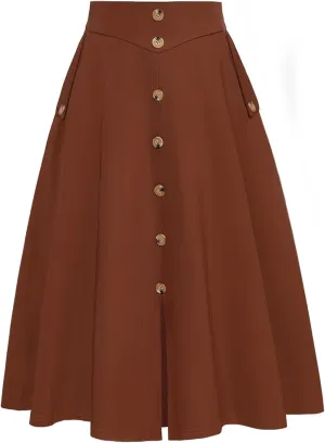 Belle Poque Womens A Line Midi Skirt Vintage Button Down Swing Skirt High Waisted Slit Pleated Skirt with Pockets