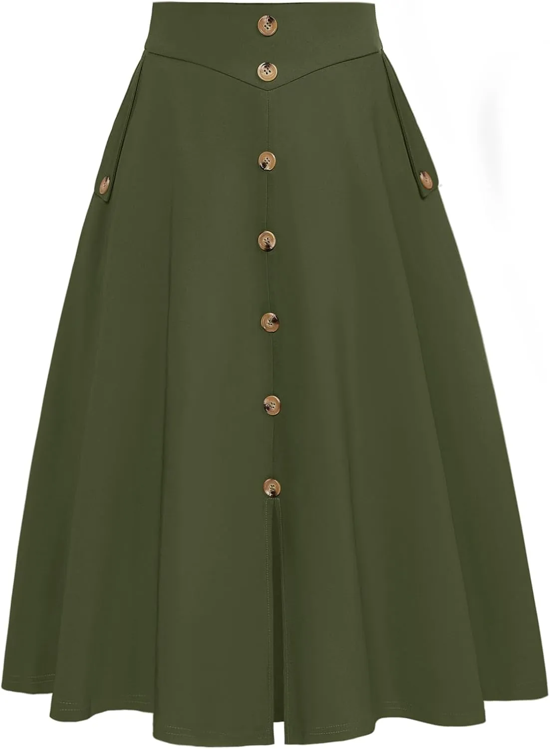 Belle Poque Womens A Line Midi Skirt Vintage Button Down Swing Skirt High Waisted Slit Pleated Skirt with Pockets