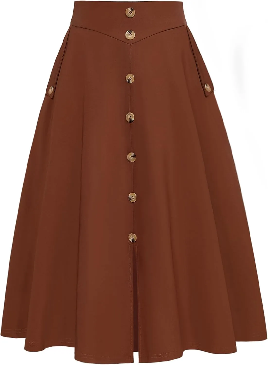 Belle Poque Womens A Line Midi Skirt Vintage Button Down Swing Skirt High Waisted Slit Pleated Skirt with Pockets