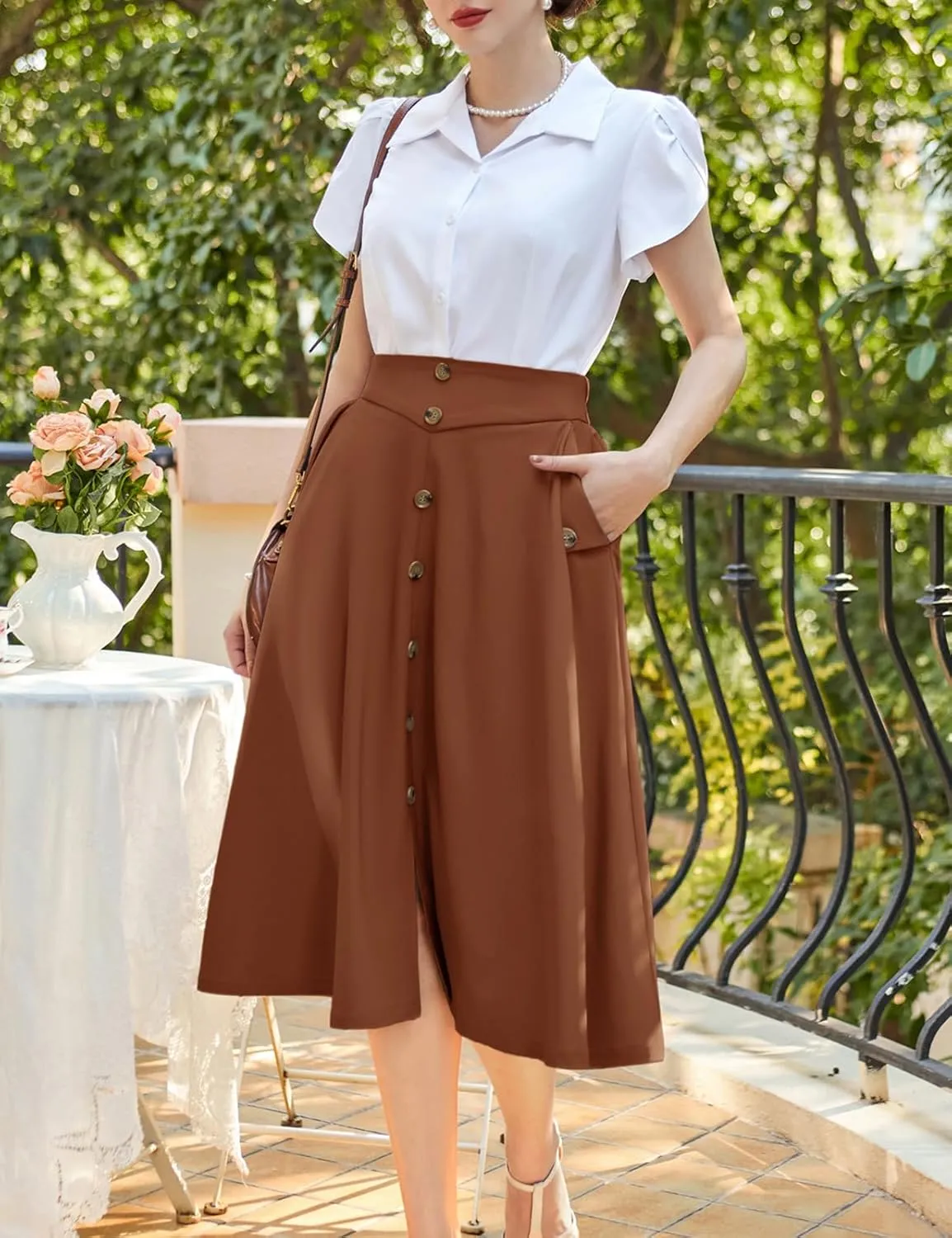Belle Poque Womens A Line Midi Skirt Vintage Button Down Swing Skirt High Waisted Slit Pleated Skirt with Pockets