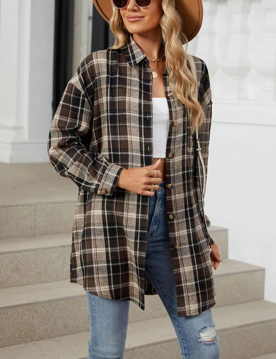 Bozanly Oversized Mid Long Plaid Flannel Shirts for Women Lapel Long Sleeve Check Blouse with Pockets