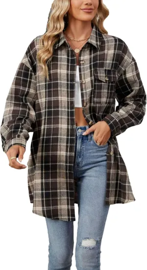 Bozanly Oversized Mid Long Plaid Flannel Shirts for Women Lapel Long Sleeve Check Blouse with Pockets