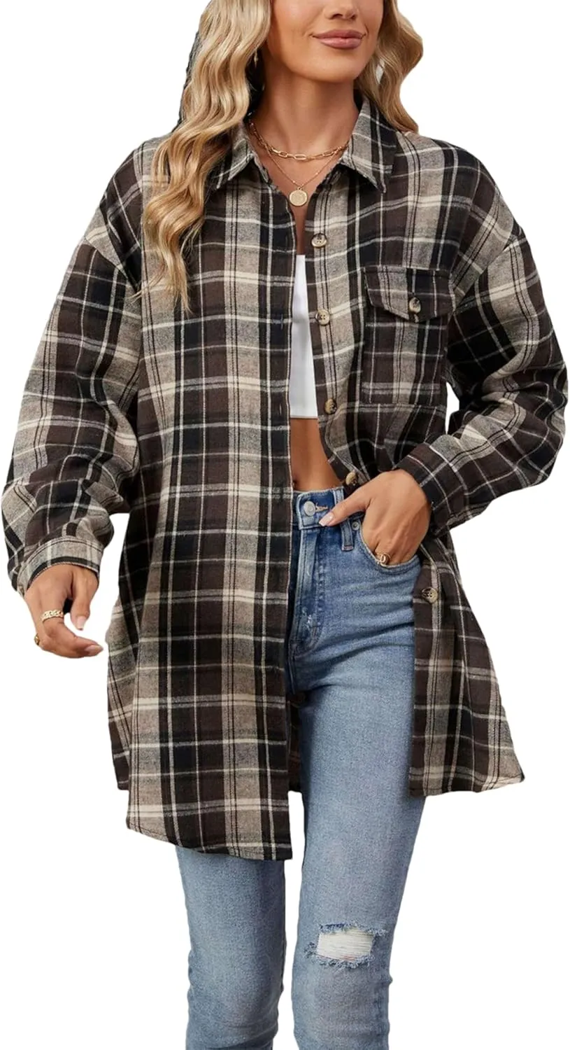 Bozanly Oversized Mid Long Plaid Flannel Shirts for Women Lapel Long Sleeve Check Blouse with Pockets