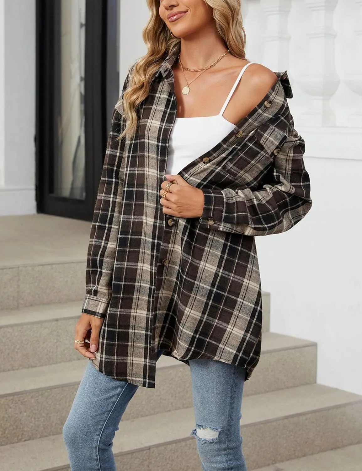 Bozanly Oversized Mid Long Plaid Flannel Shirts for Women Lapel Long Sleeve Check Blouse with Pockets