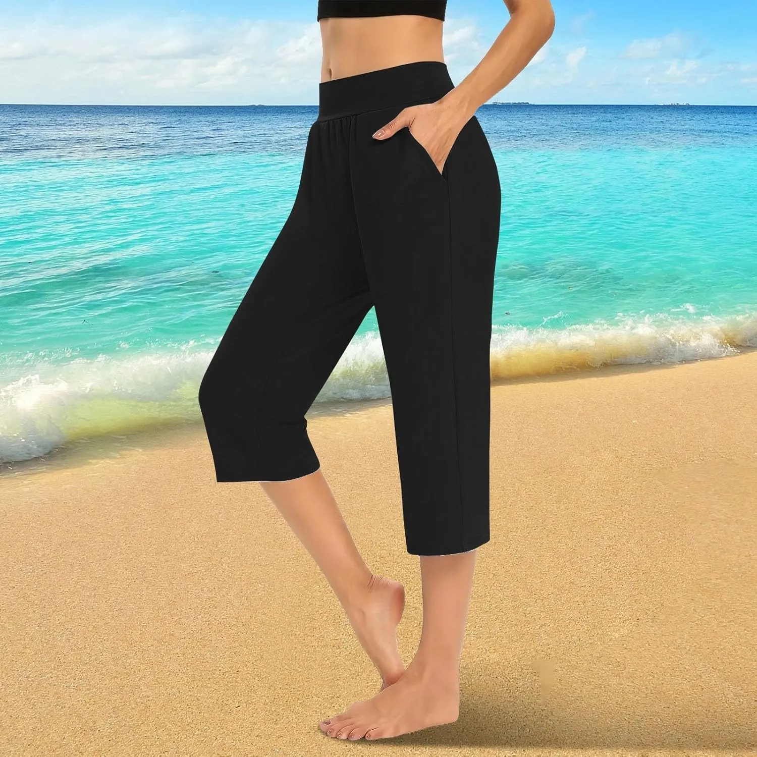 Capri Pants for Women Cotton Elastic High Waisted Stretch Lightweight Tummy Control Leggings Yoga Workout Gym Outfits