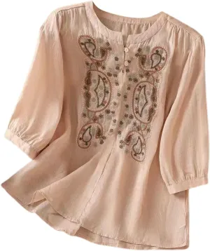 Cotton Linen Shirts for Women 2025 Floral Embroidered Tops Boho Ethnic Women 3/4 Sleeve V Neck Gauze Tunic Tshirt