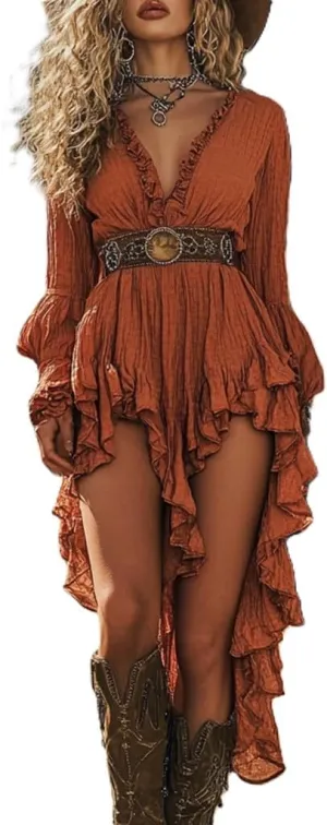 Cowgirl Dresses for Women Sexy Boho Western Dress Vintage Print Asymmetrical Ruffled Hem Short Sundress