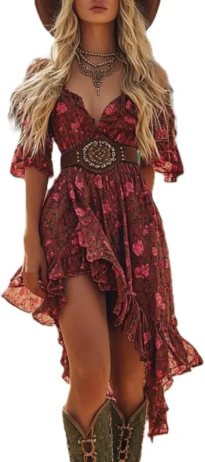 Cowgirl Dresses for Women Sexy Boho Western Dress Vintage Print Asymmetrical Ruffled Hem Short Sundress