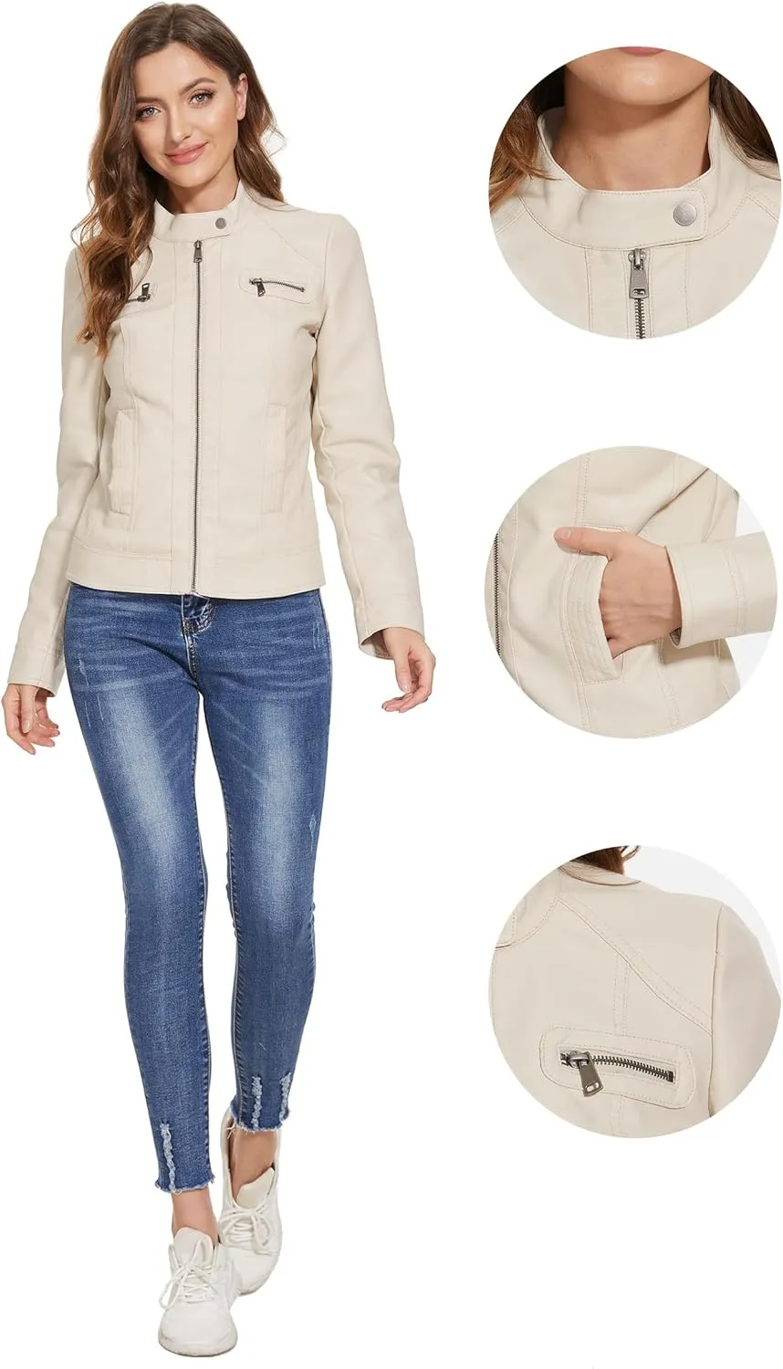 Fahsyee Zip Leather Jackets for Women Motorcycle Faux PU Moto Biker Outwear Coat