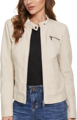 Fahsyee Zip Leather Jackets for Women Motorcycle Faux PU Moto Biker Outwear Coat