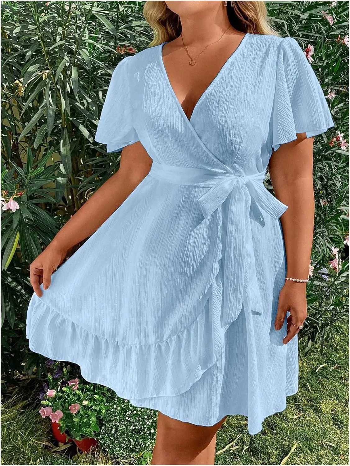 Floerns Women's Plus Size V Neck Short Sleeve Ruffle Dress Wrap Belted Flare Short Dresses