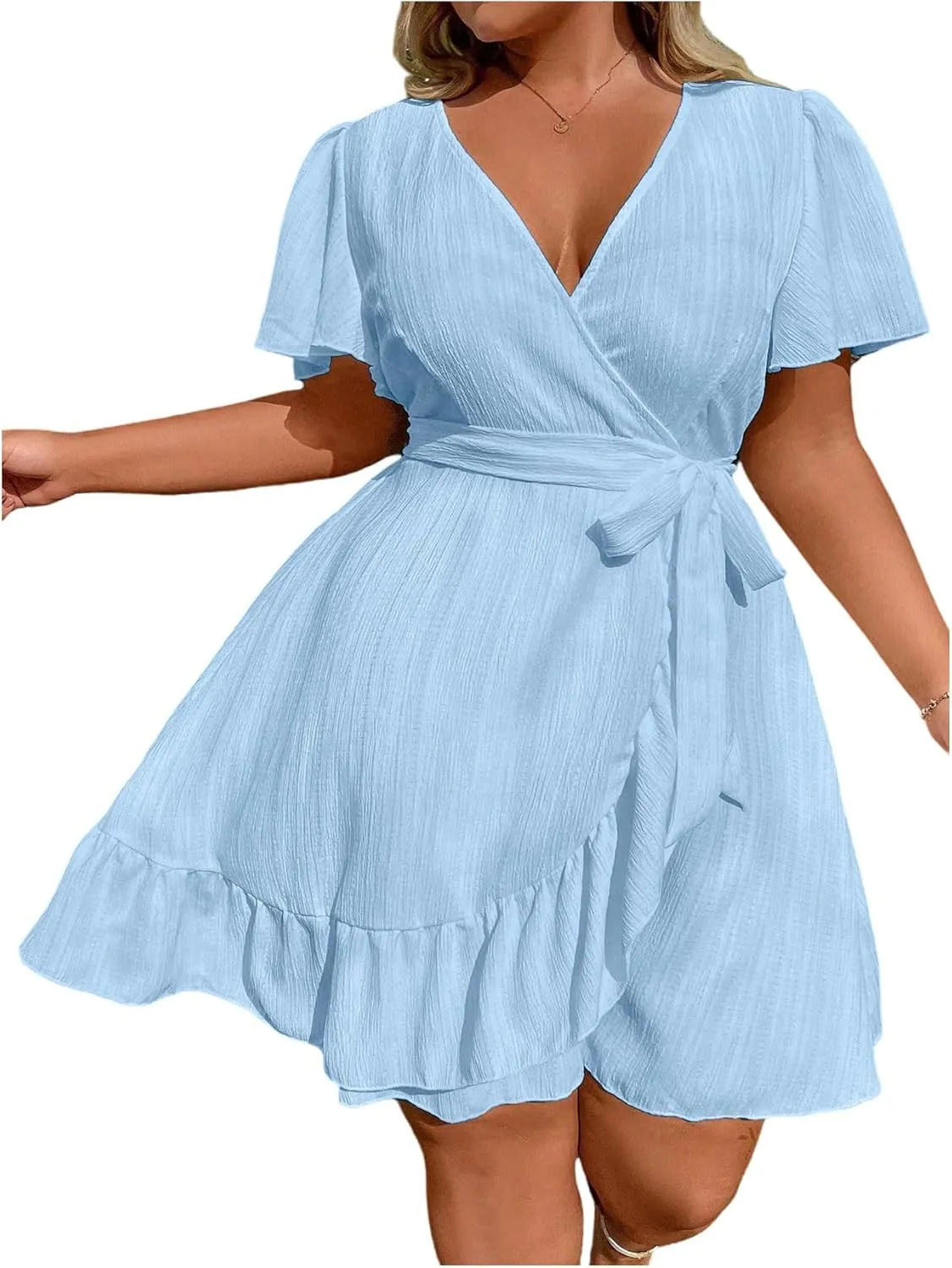 Floerns Women's Plus Size V Neck Short Sleeve Ruffle Dress Wrap Belted Flare Short Dresses