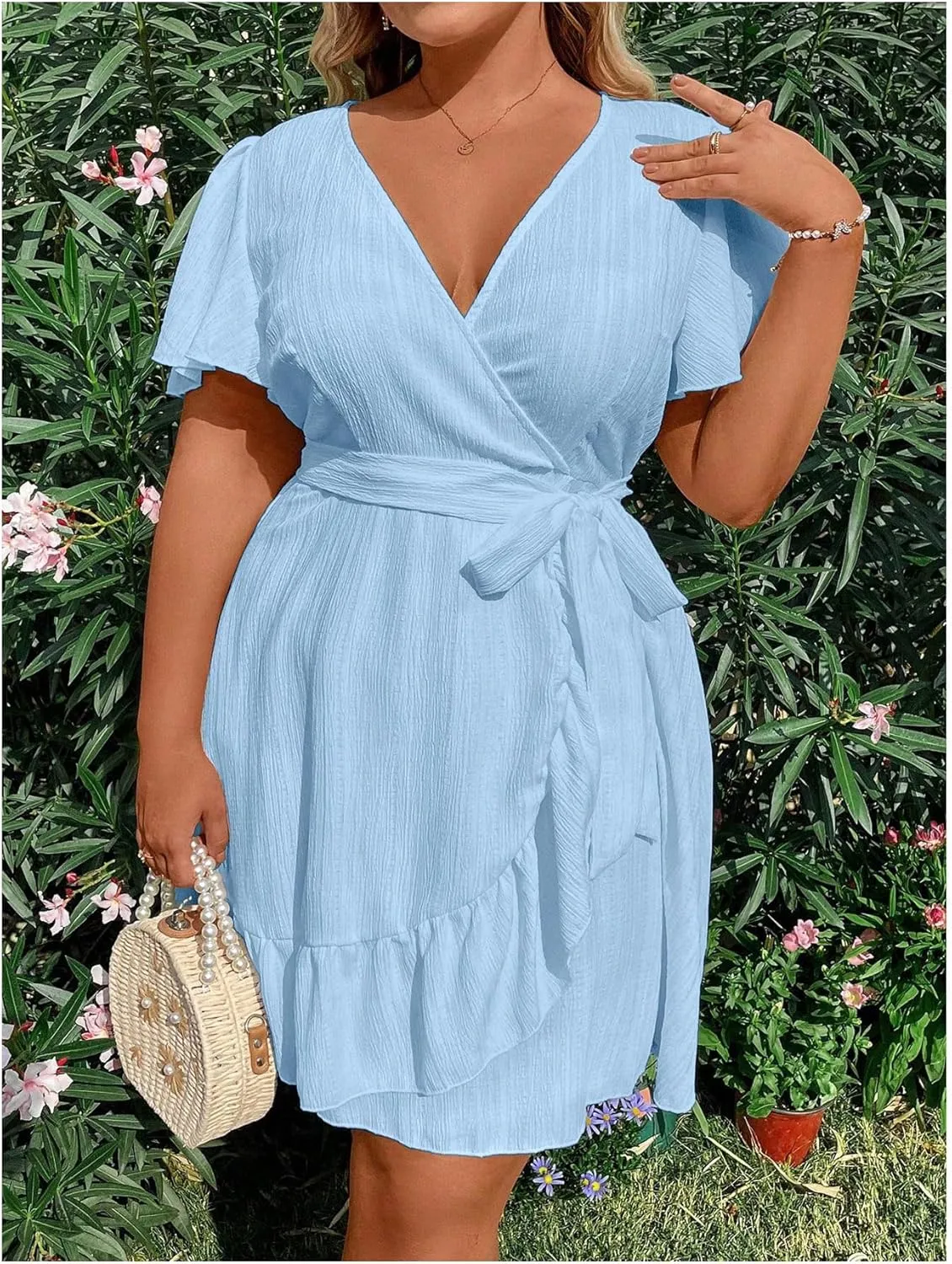 Floerns Women's Plus Size V Neck Short Sleeve Ruffle Dress Wrap Belted Flare Short Dresses