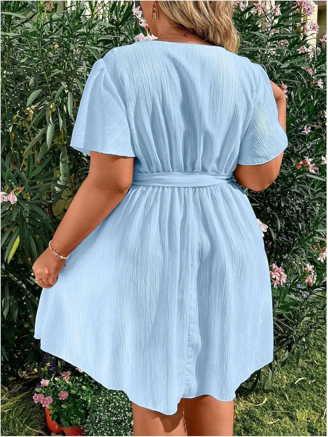 Floerns Women's Plus Size V Neck Short Sleeve Ruffle Dress Wrap Belted Flare Short Dresses