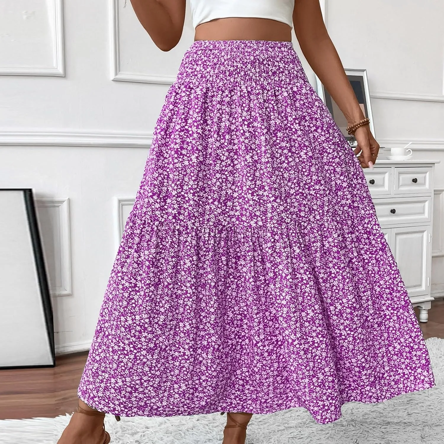 Floral Maxi Skirts for Women Trendy Summer Casual Boho Long Flowy Skirt Smocked Elastic High Waisted A Line Skirt