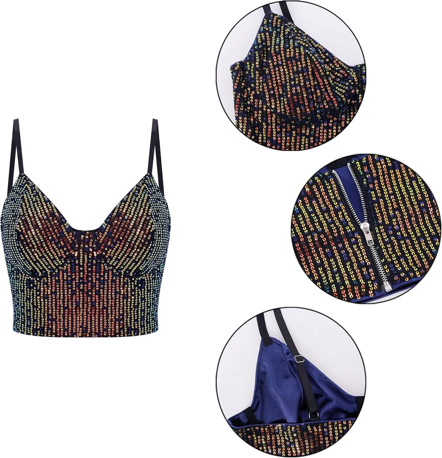 Giovacker Women's Sexy V-Neck Spaghetti Strap Sparkle Sequined Crop Tops Tube Top Bustier Vest Tank Rave Clubwear Camis Tee
