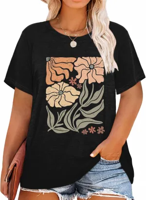 HDLTE Plus Size Womens Country Shirts Funny Western Graphic Tees Short Sleeve Flower Tops Blouses Casual Summer T-Shirt