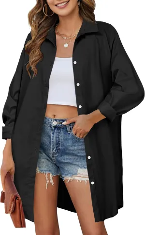 HOTOUCH Women Oversized Button Down Shirts Boyfriend Long Sleeve Blouse Collared Tops