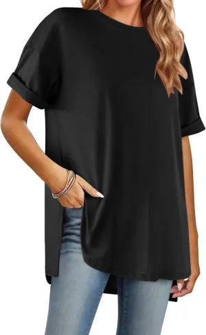 HOTOUCH Womens Oversized T Shirts Crewneck Short Sleeve Workout Blouse Tops Summer Casual Dropped Shoulder Tunic Tee
