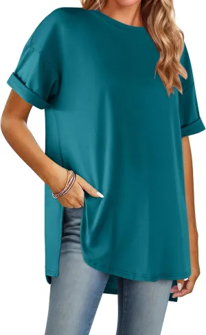 HOTOUCH Womens Oversized T Shirts Crewneck Short Sleeve Workout Blouse Tops Summer Casual Dropped Shoulder Tunic Tee