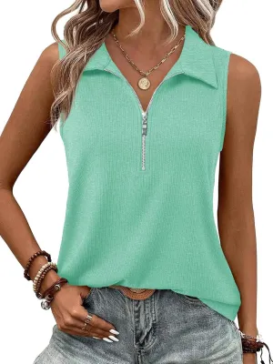 Imily Bela Women's Summer Sleeveless Tank Tops Zipper V Neck Ribbed Dressy Casual Blouses Loose Business Polo Shirts