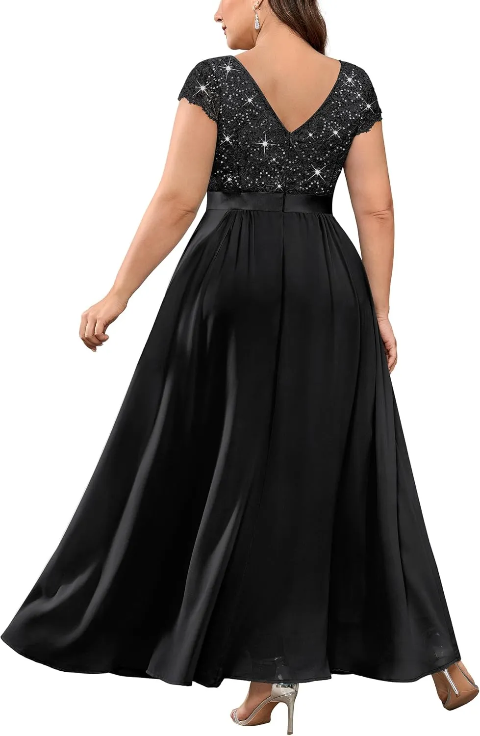 Knitee Women's Plus Size Sequin Floral Lace Formal Bridesmaid Party Flowy Maxi Dress