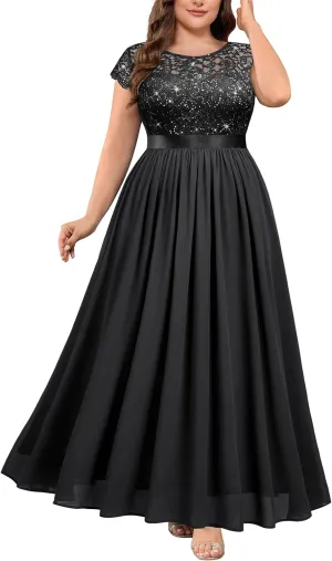 Knitee Women's Plus Size Sequin Floral Lace Formal Bridesmaid Party Flowy Maxi Dress