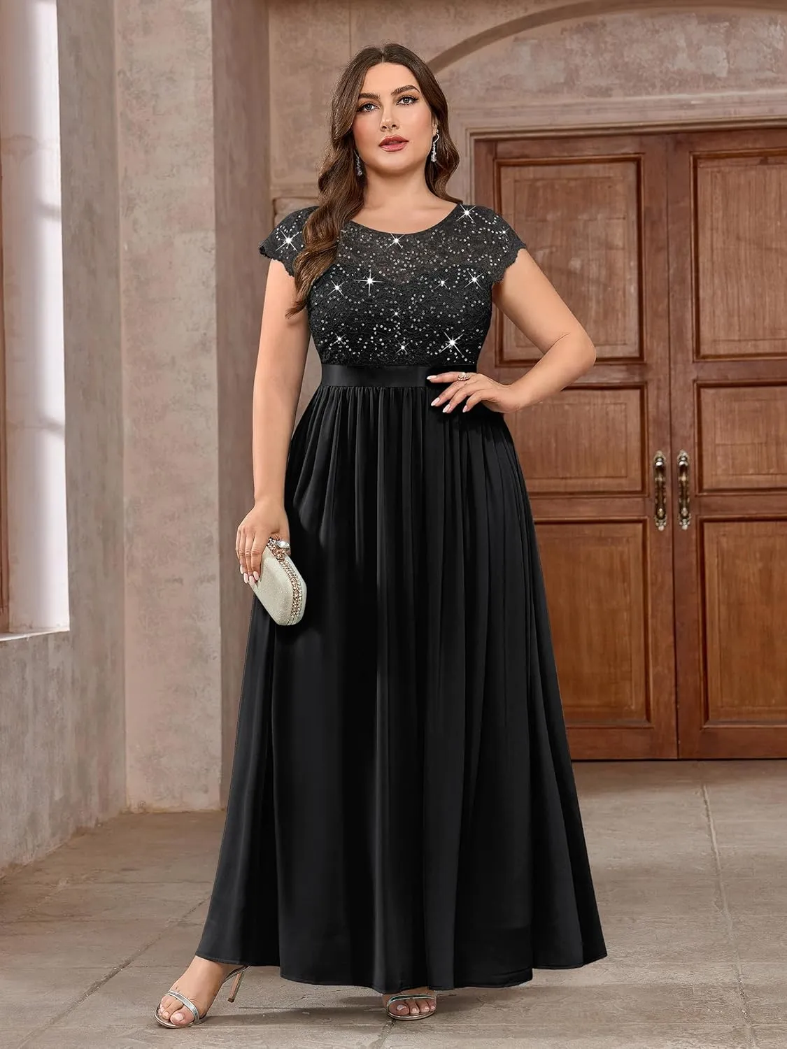 Knitee Women's Plus Size Sequin Floral Lace Formal Bridesmaid Party Flowy Maxi Dress