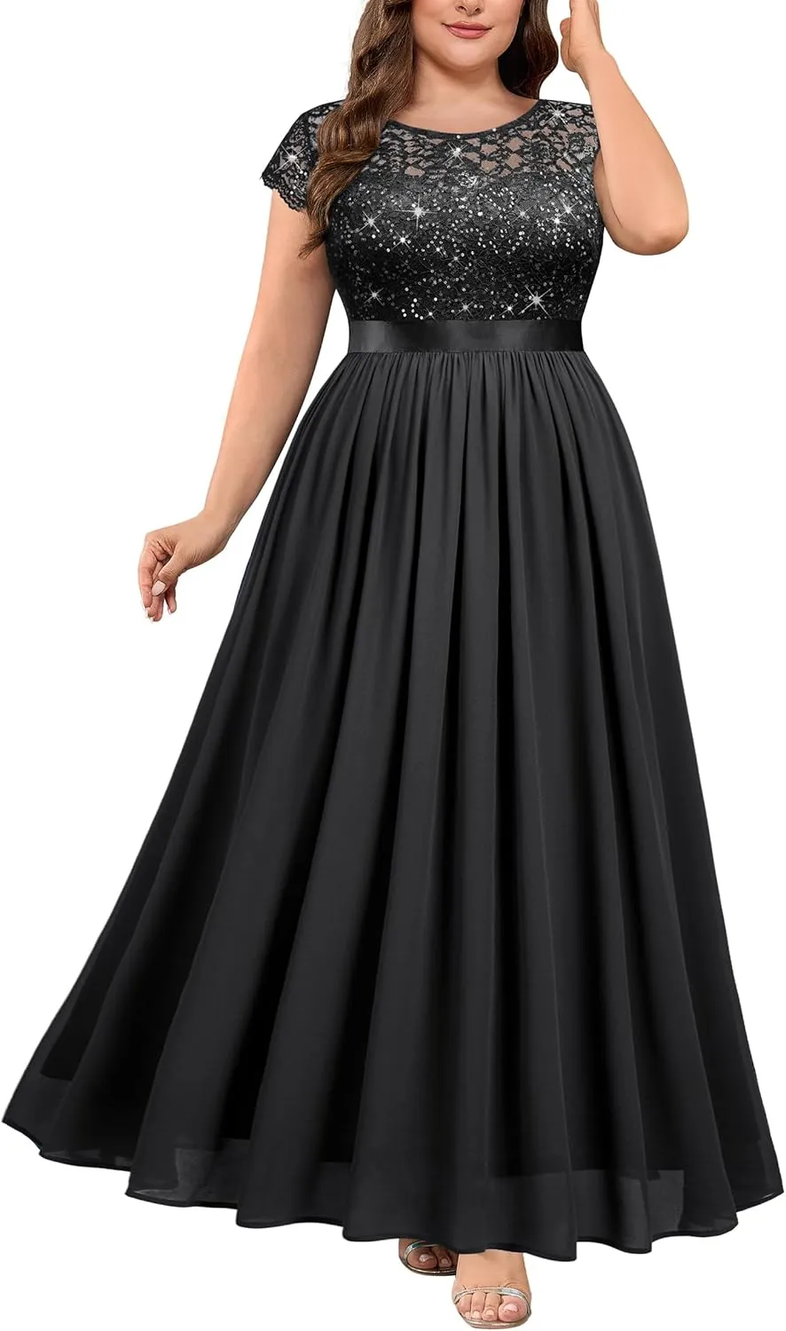 Knitee Women's Plus Size Sequin Floral Lace Formal Bridesmaid Party Flowy Maxi Dress