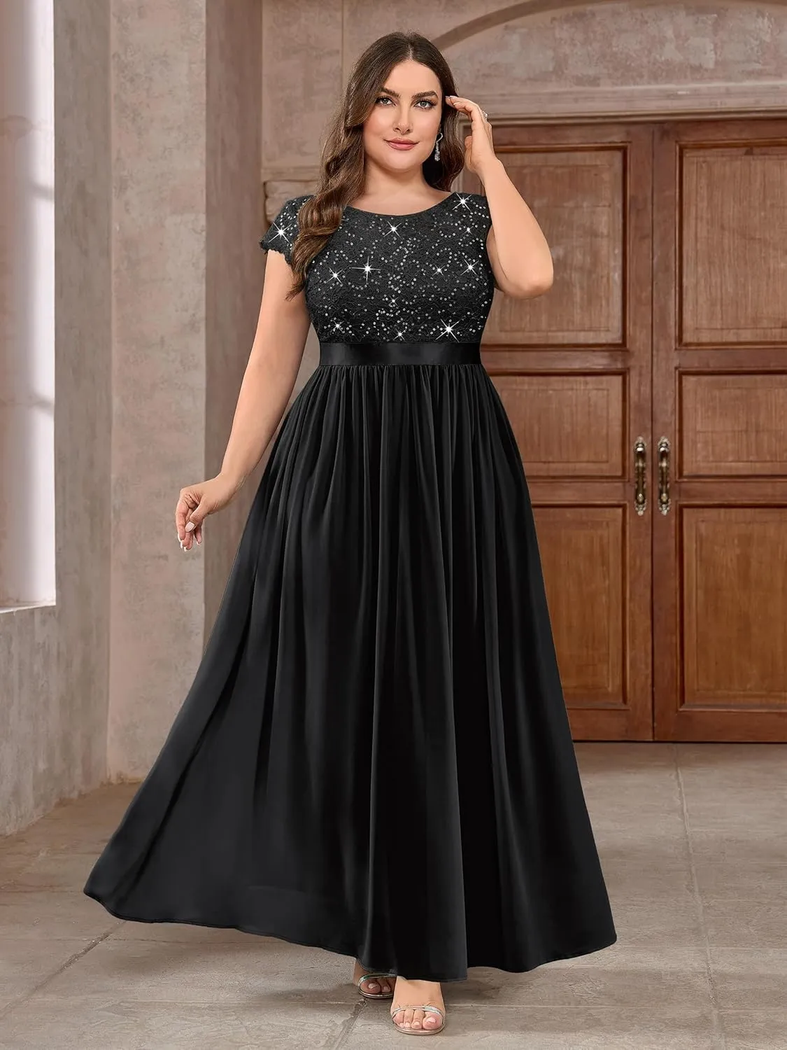 Knitee Women's Plus Size Sequin Floral Lace Formal Bridesmaid Party Flowy Maxi Dress