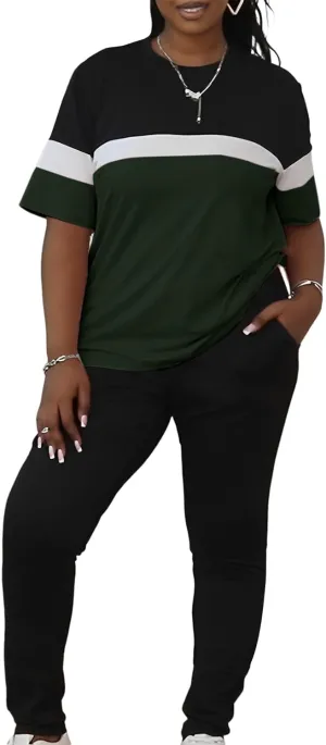 LovelyWholesale Plus Size 2 Piece Outfits for Women Color Block Tracksuit Short Sleeve Top and Pants Set