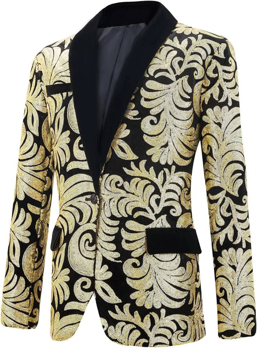 Men's Fashion Velvet Sequins Blazer Floral Pattern Party Prom Suit Jacket
