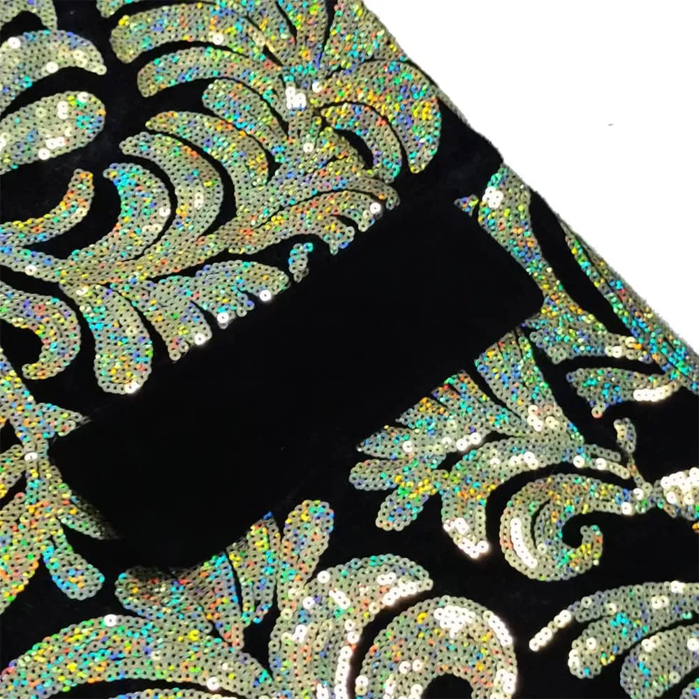 Men's Fashion Velvet Sequins Blazer Floral Pattern Party Prom Suit Jacket