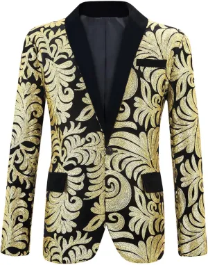 Men's Fashion Velvet Sequins Blazer Floral Pattern Party Prom Suit Jacket