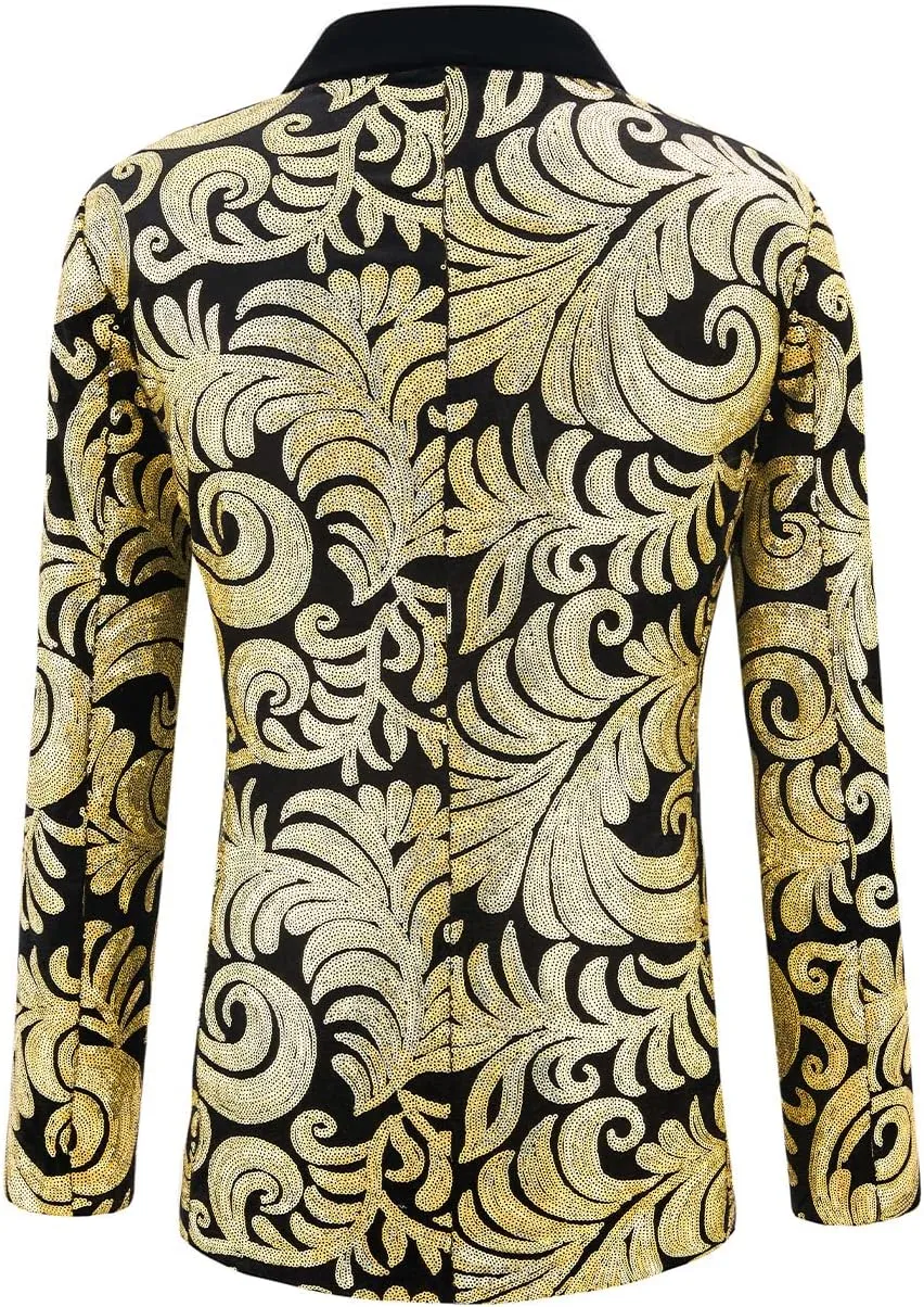 Men's Fashion Velvet Sequins Blazer Floral Pattern Party Prom Suit Jacket