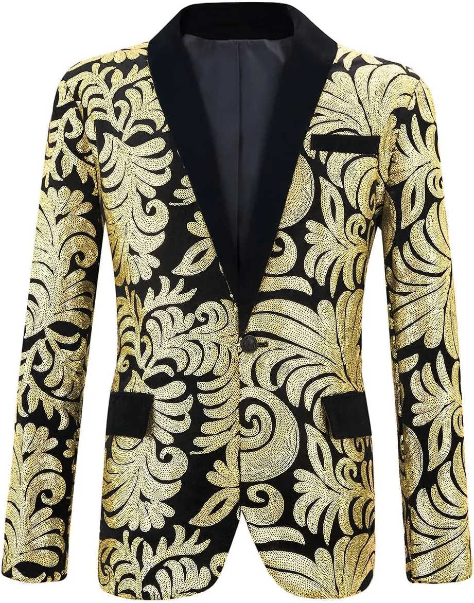 Men's Fashion Velvet Sequins Blazer Floral Pattern Party Prom Suit Jacket