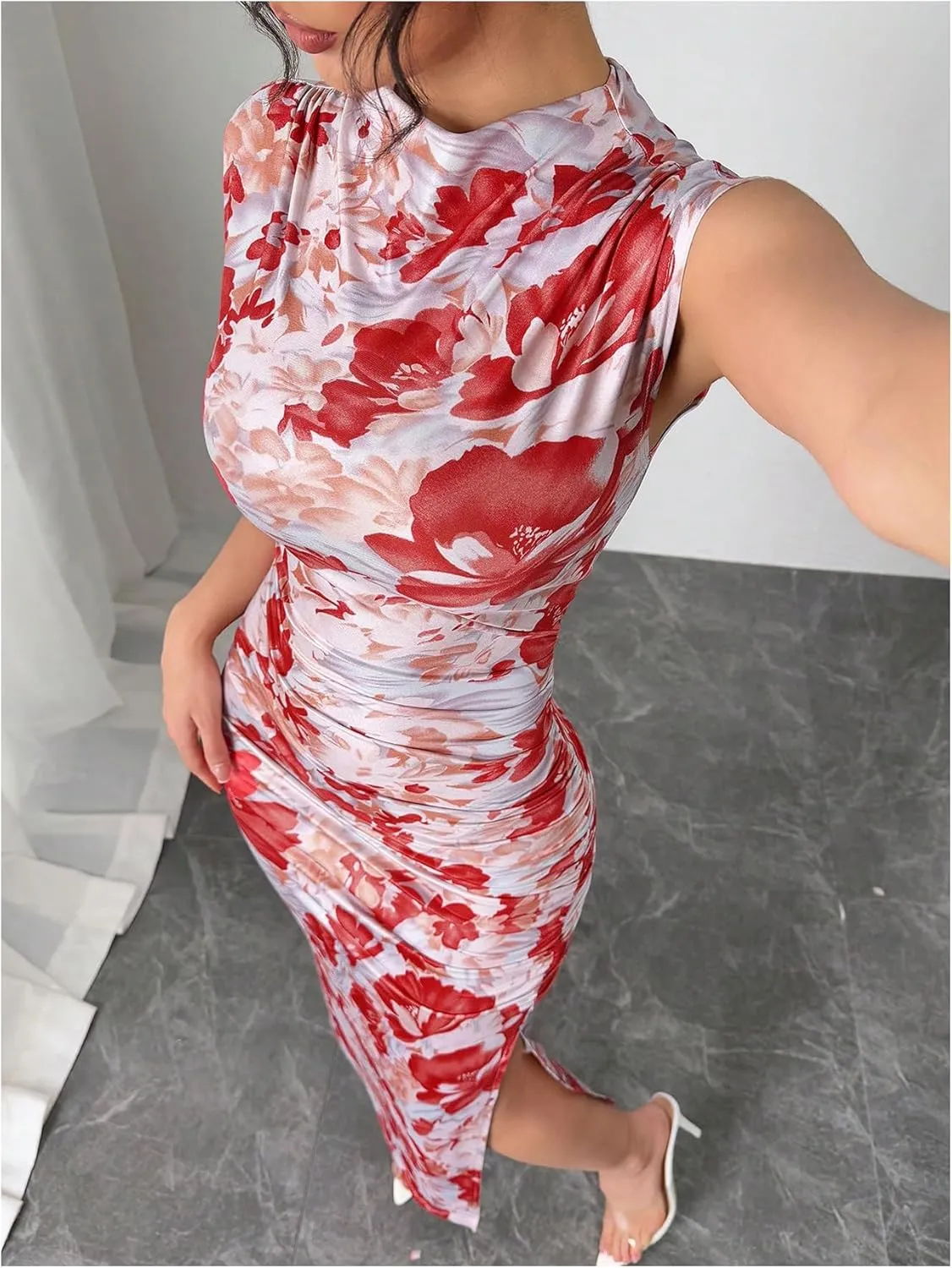 Milumia Women's Ruched Floral Sleeveless Bodycon Midi Dress Mock Neck Slit Thigh Dresses