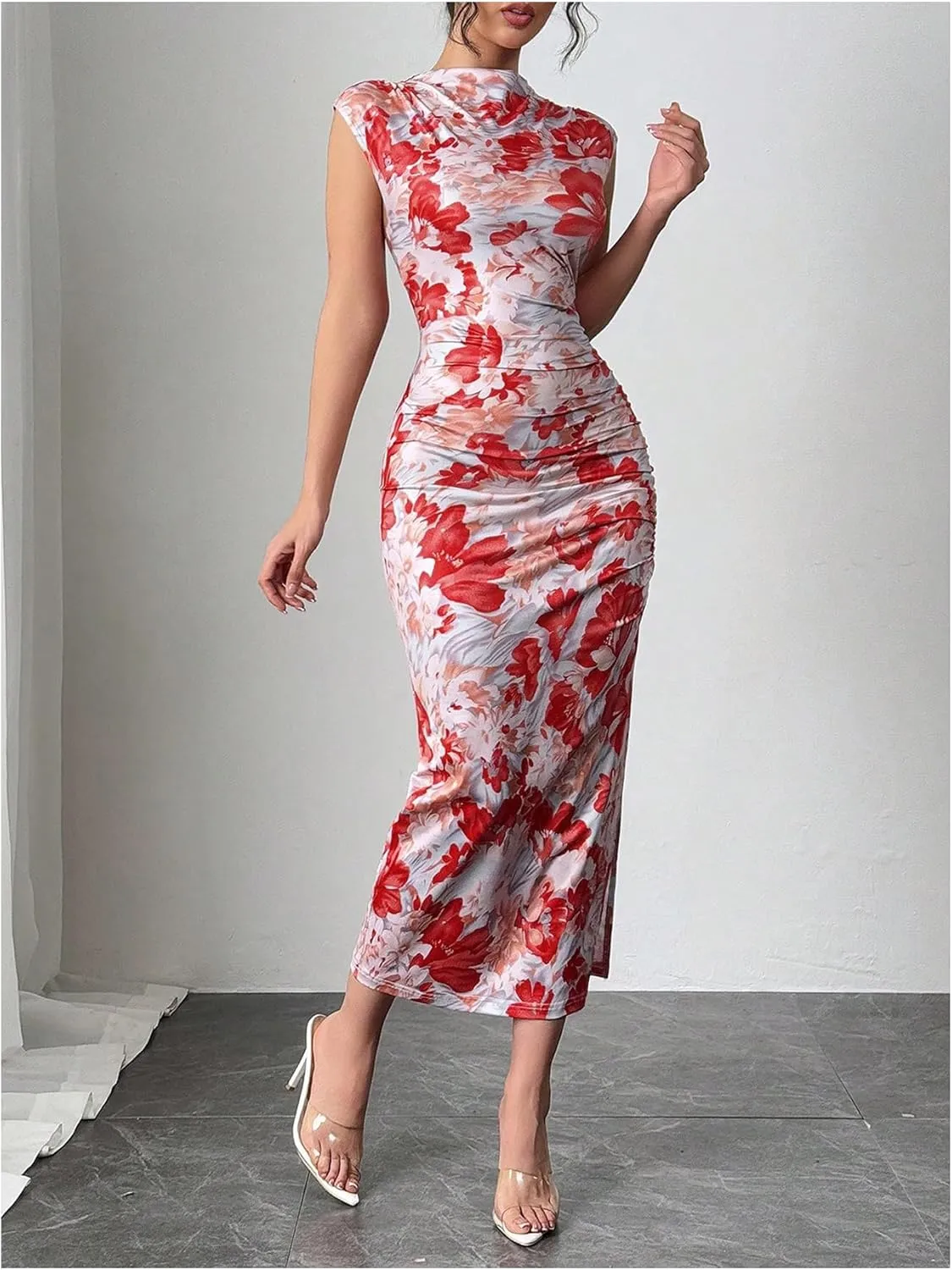 Milumia Women's Ruched Floral Sleeveless Bodycon Midi Dress Mock Neck Slit Thigh Dresses