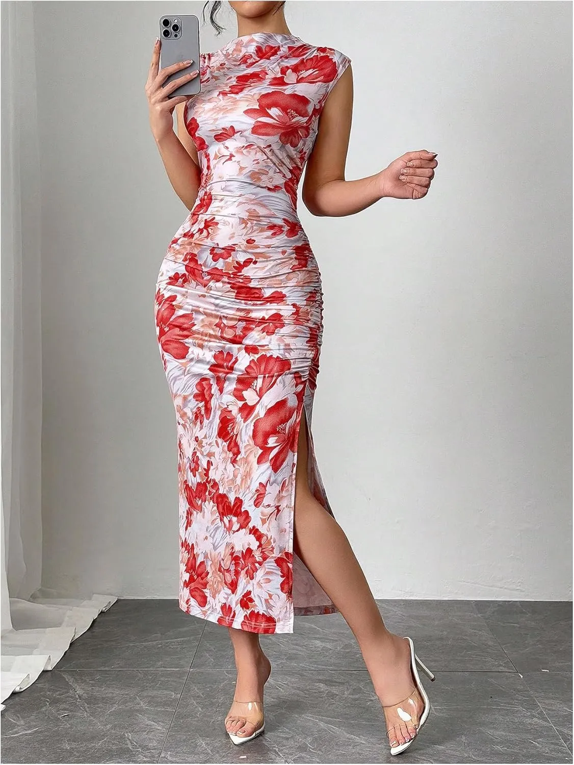 Milumia Women's Ruched Floral Sleeveless Bodycon Midi Dress Mock Neck Slit Thigh Dresses