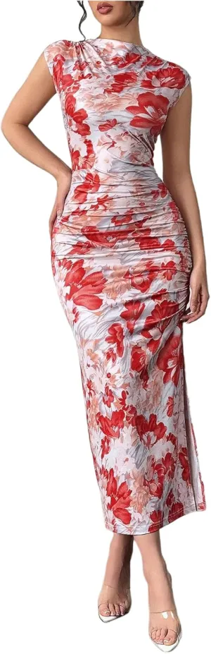 Milumia Women's Ruched Floral Sleeveless Bodycon Midi Dress Mock Neck Slit Thigh Dresses