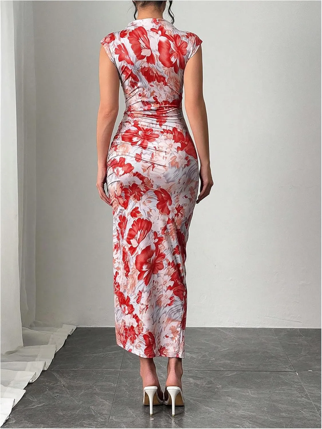 Milumia Women's Ruched Floral Sleeveless Bodycon Midi Dress Mock Neck Slit Thigh Dresses