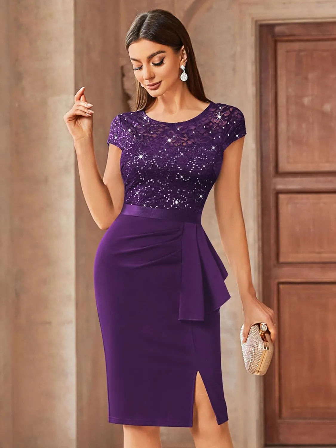 Miusol Women's Elegant Cap Sleeve Sequin Lace Cocktail Dress