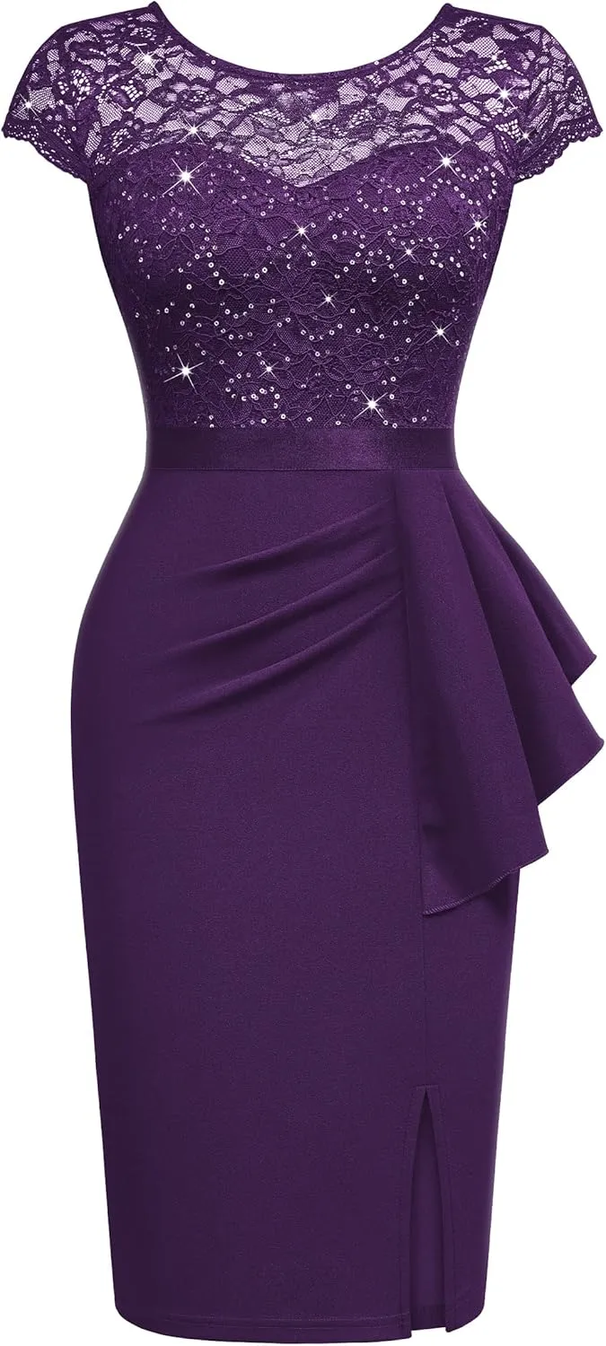 Miusol Women's Elegant Cap Sleeve Sequin Lace Cocktail Dress